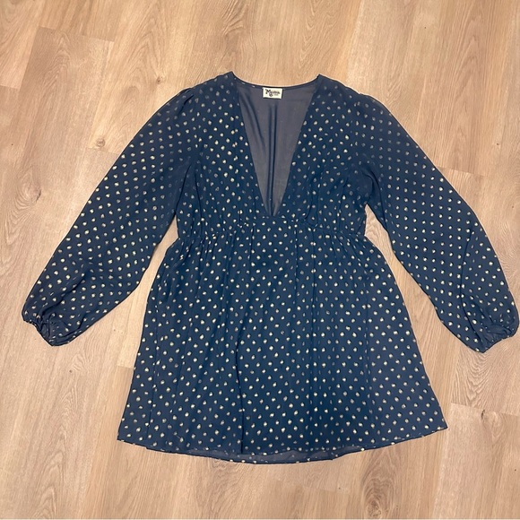 Show Me Your MuMu Gold Stardust Dot Navy Blue Long Sleeve Dress - Picture 6 of 9